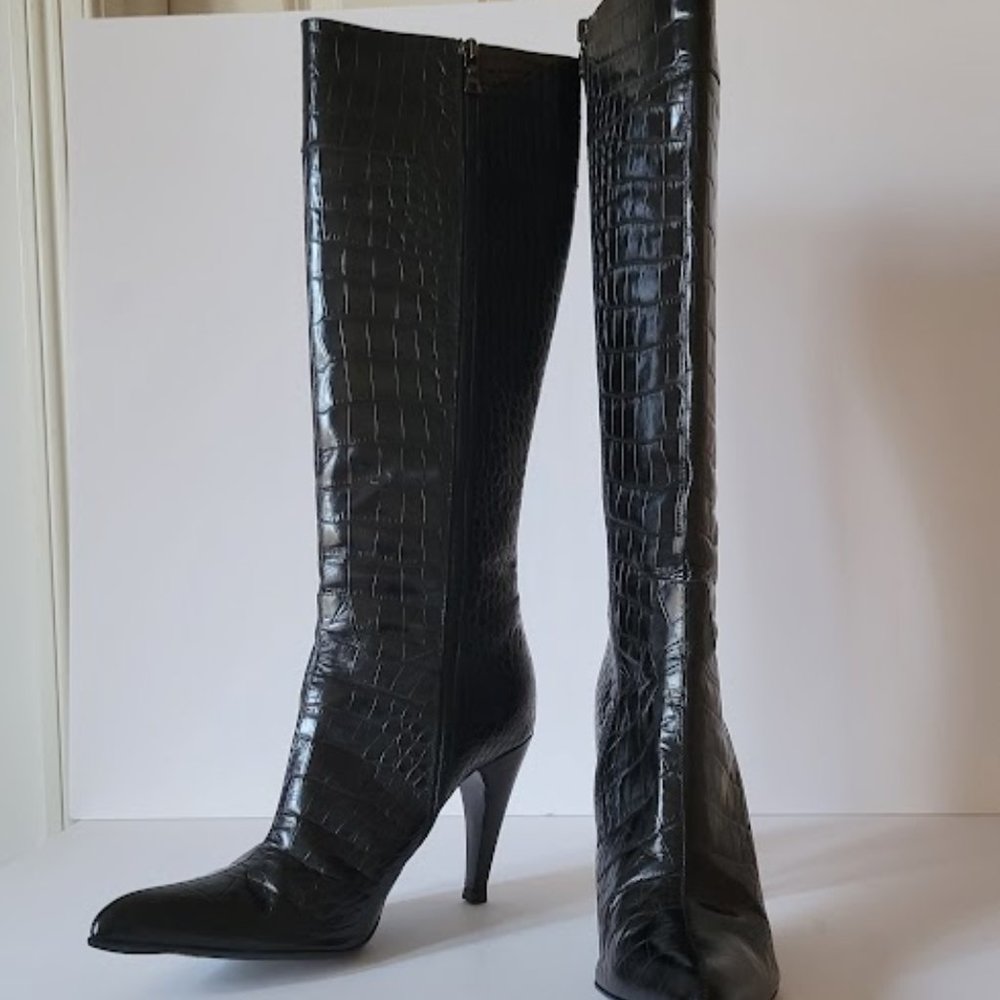 *SOLD* Prada Black Croc Leather Stiletto Tall Knee High Boot 38.5